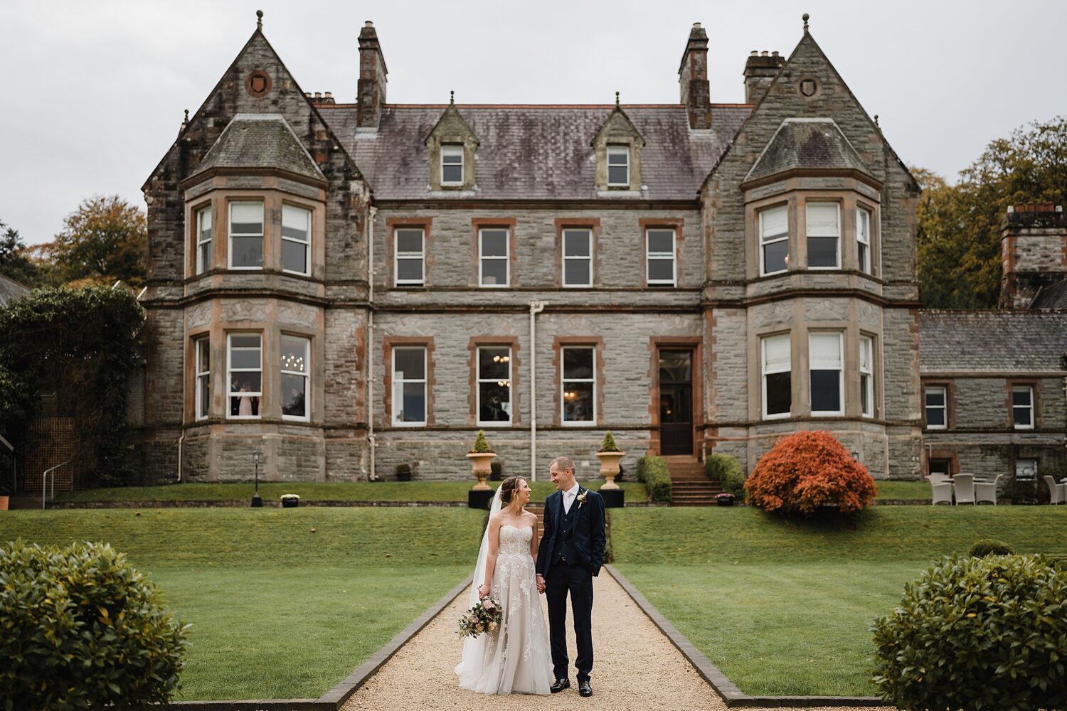 bride and groom at magheramourne estate