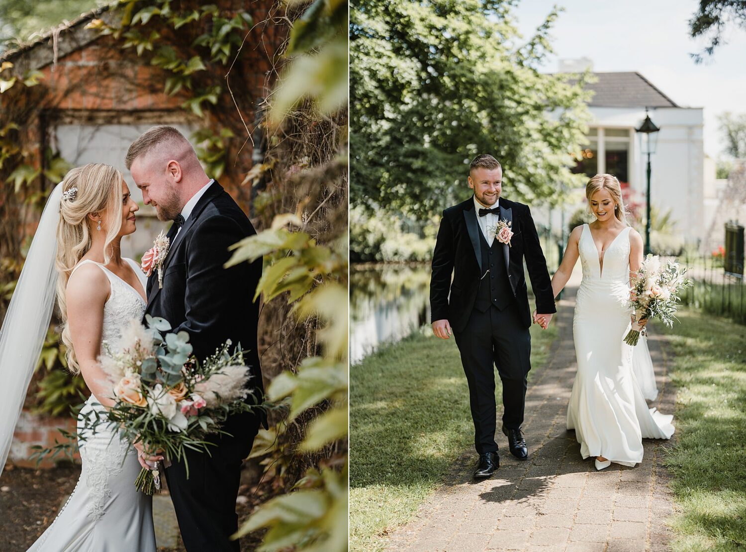 bride and groom walking in sunshine