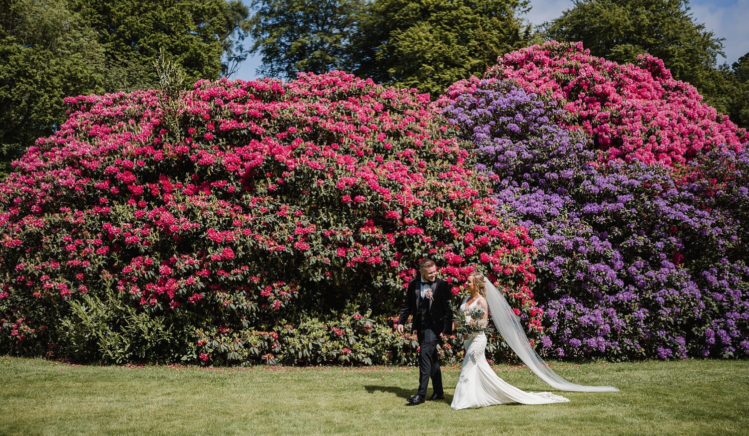 bride and groom walking in front of colourful bush