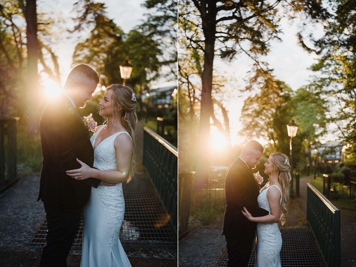golden hour portraits with bride and groom at the Galgorm Resort & Spa