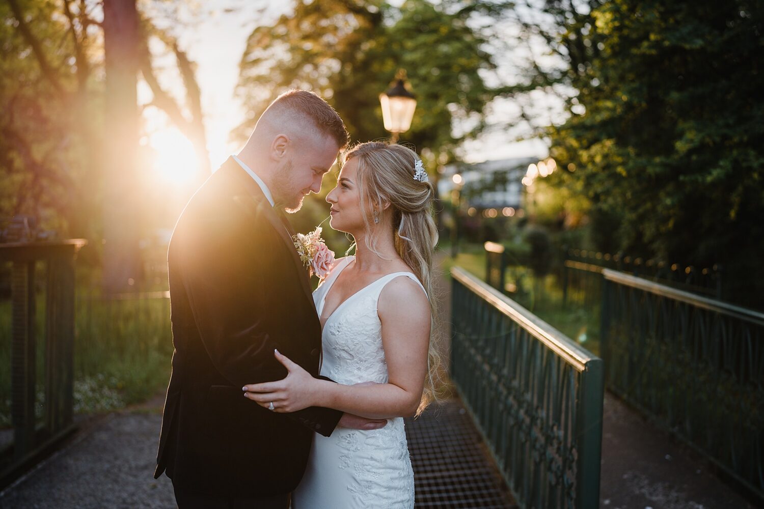 golden hour portraits with bride and groom at the Galgorm Resort & Spa