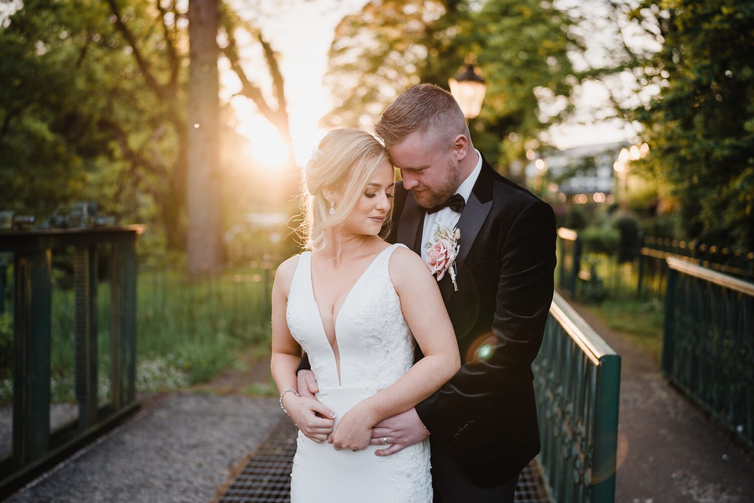 golden hour portraits with bride and groom at the Galgorm Resort & Spa