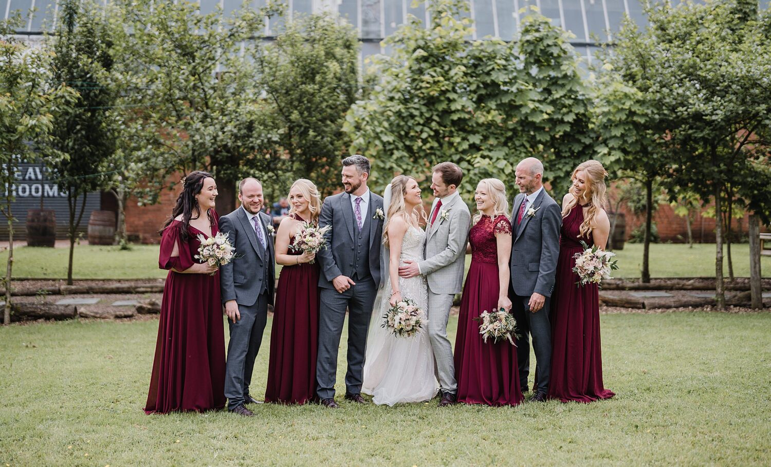 bridal party photos outside at Wool Tower